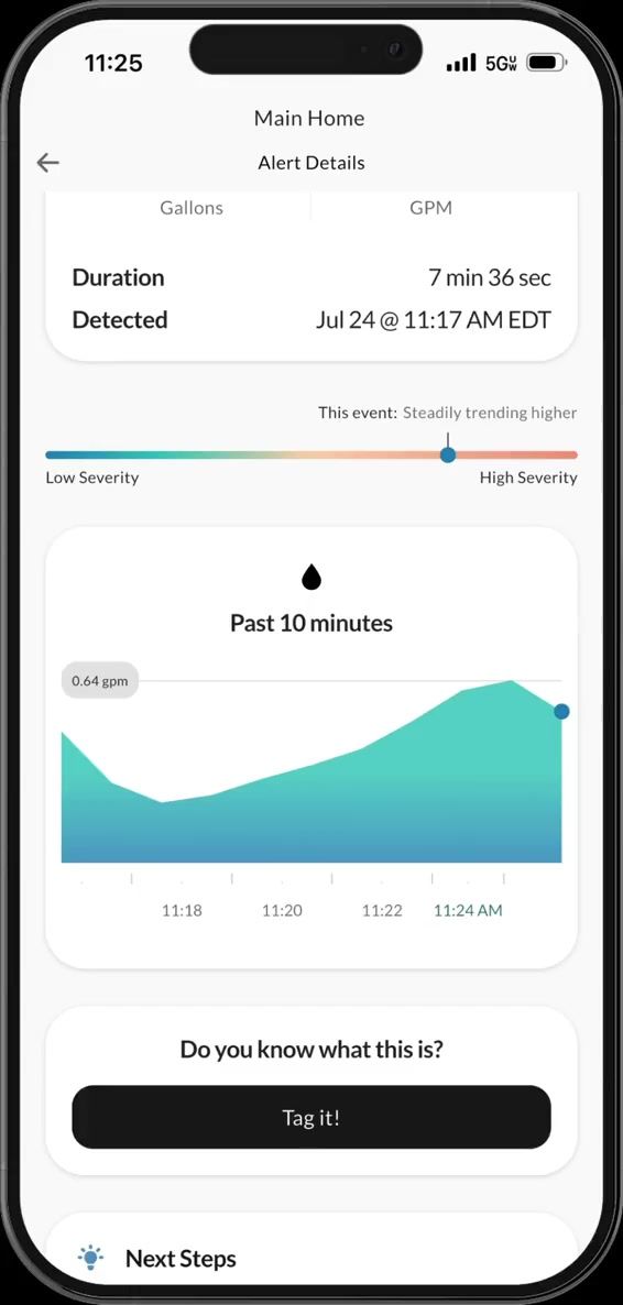 Alert details with a live chart of the past 10 minutes of flow.