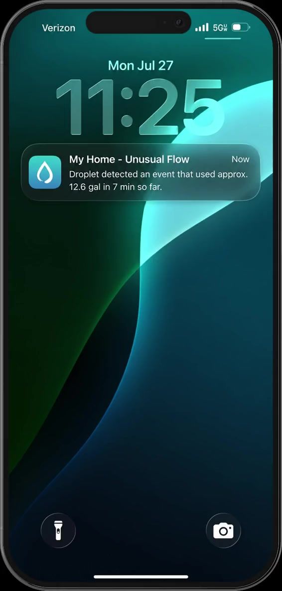 Droplet notification on a lock screen: My Home, Unusual Flow. Droplet detected an event that used approx. 12.6 gallons in 7 minutes so far.