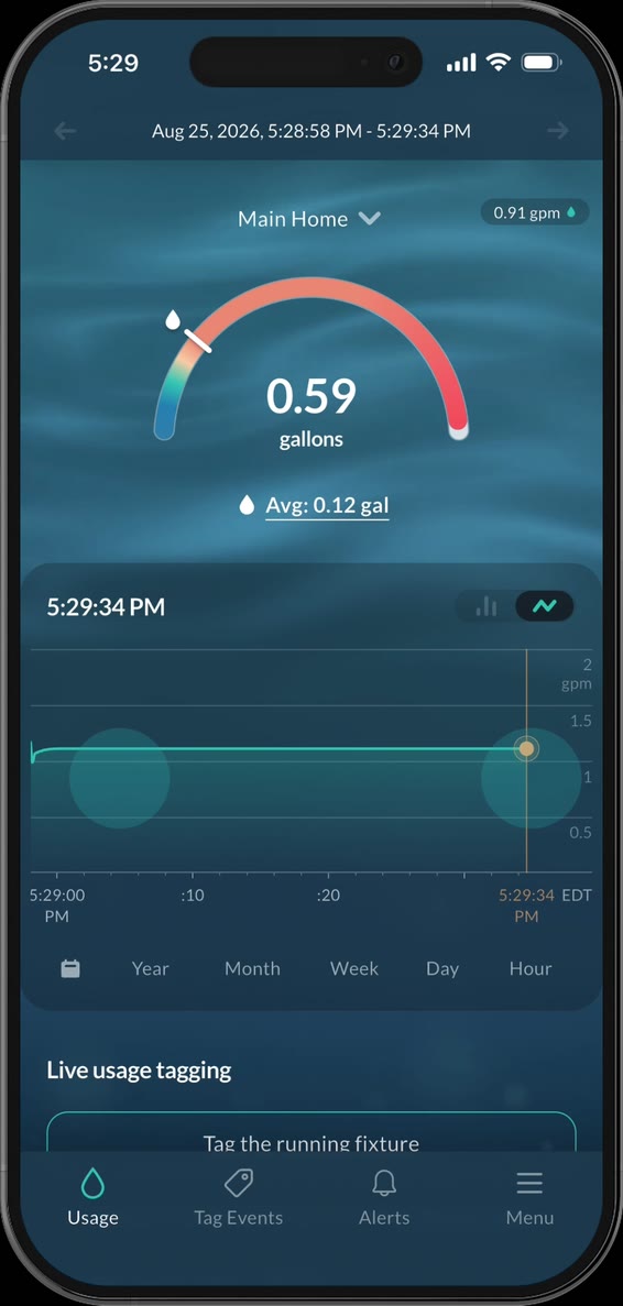 Live flow, hour view, in the Droplet app.