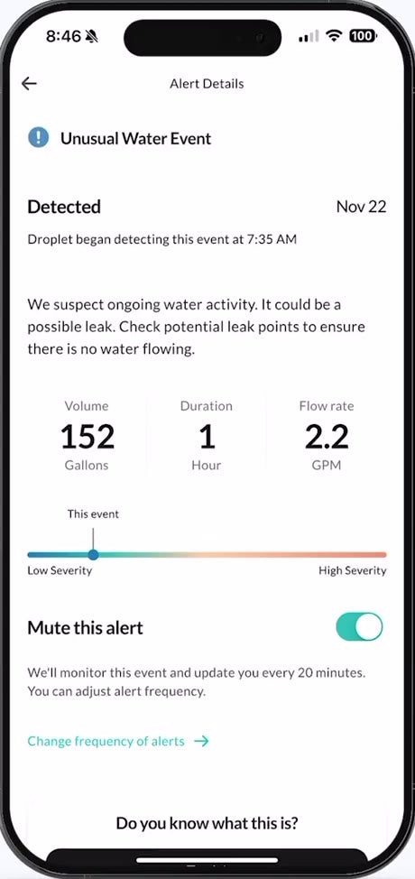 Alert detail screen showing 152 gallons, 1 hour, 2.2 GPM and a severity bar.